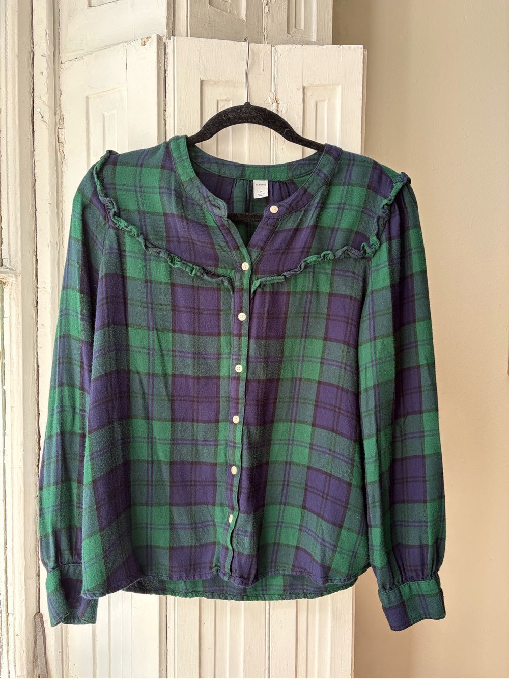 Frilly Plaid Button-Up Blouse